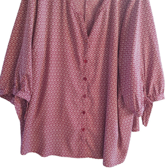 CATHERINES Button Up Blouse Womens 4X Red Geometric Georgette Tie 3/4 Sleeve - Picture 4 of 13